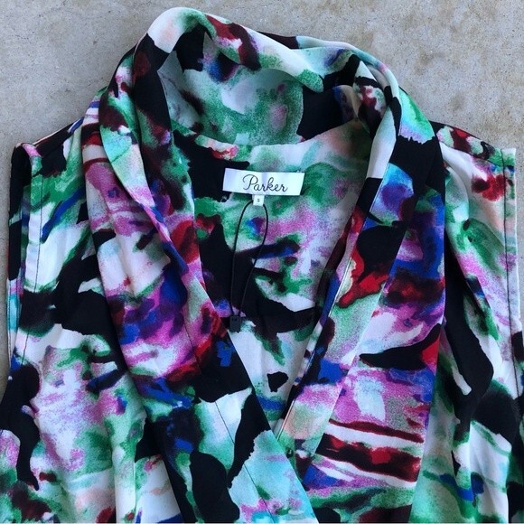 Parker Mini Dress Draped Surplice Neck Floral Watercolor Printed Black Green S - Picture 3 of 5